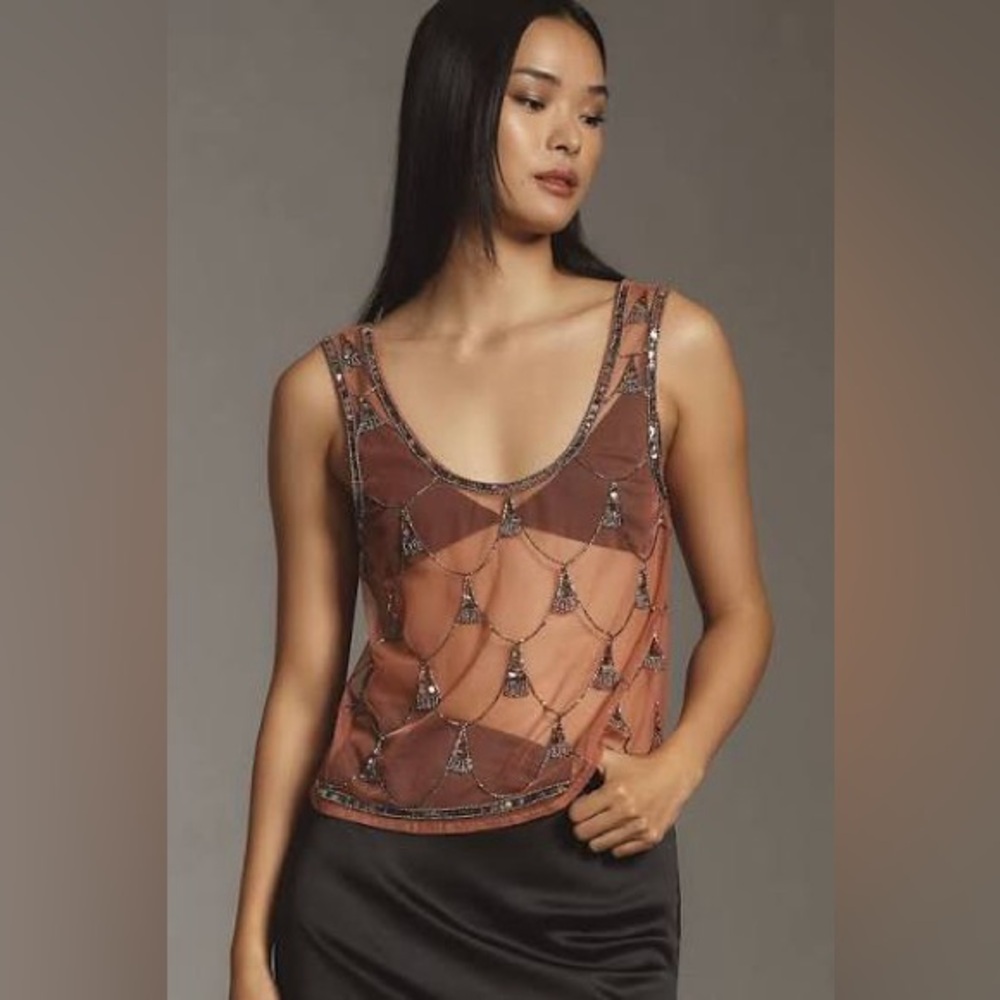 Anthropologie Mahila beaded sheer tank in rose 🌹